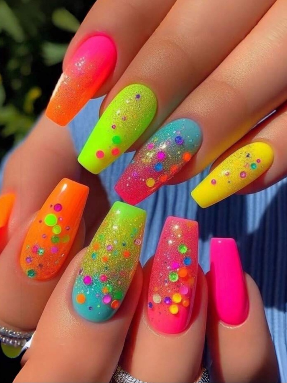 Neon Ombre Acrylic Nails with Glitter Dots